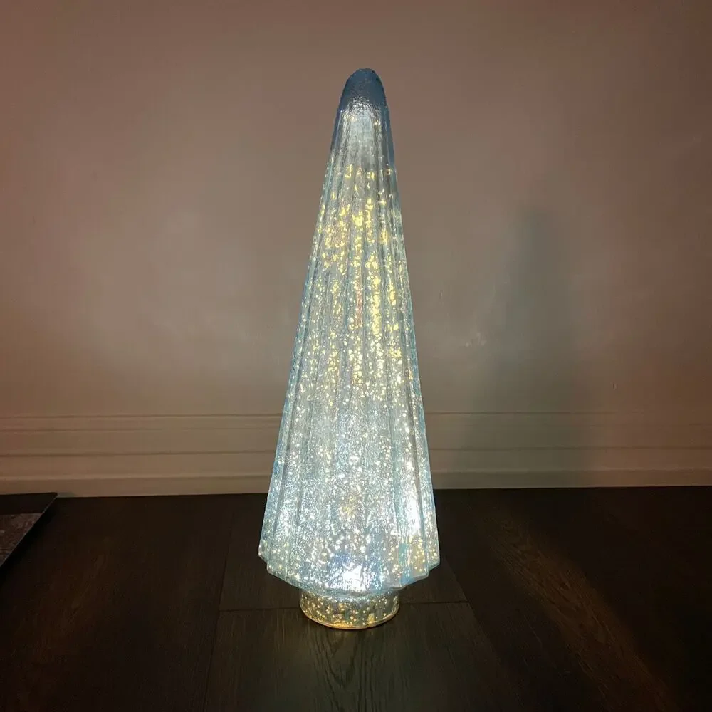 Illuminated Glass Christmas Tree 19in Iridescent Blue Chic Holiday Decor New